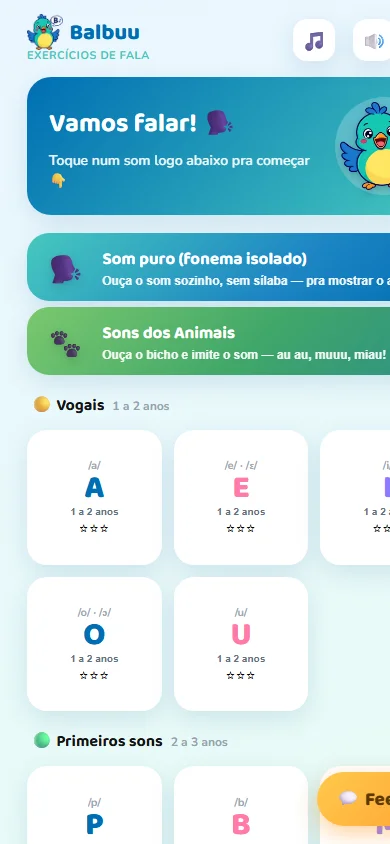 Tela inicial com os 33 sons organizados por fase