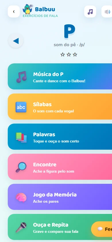 Menu de atividades do som P